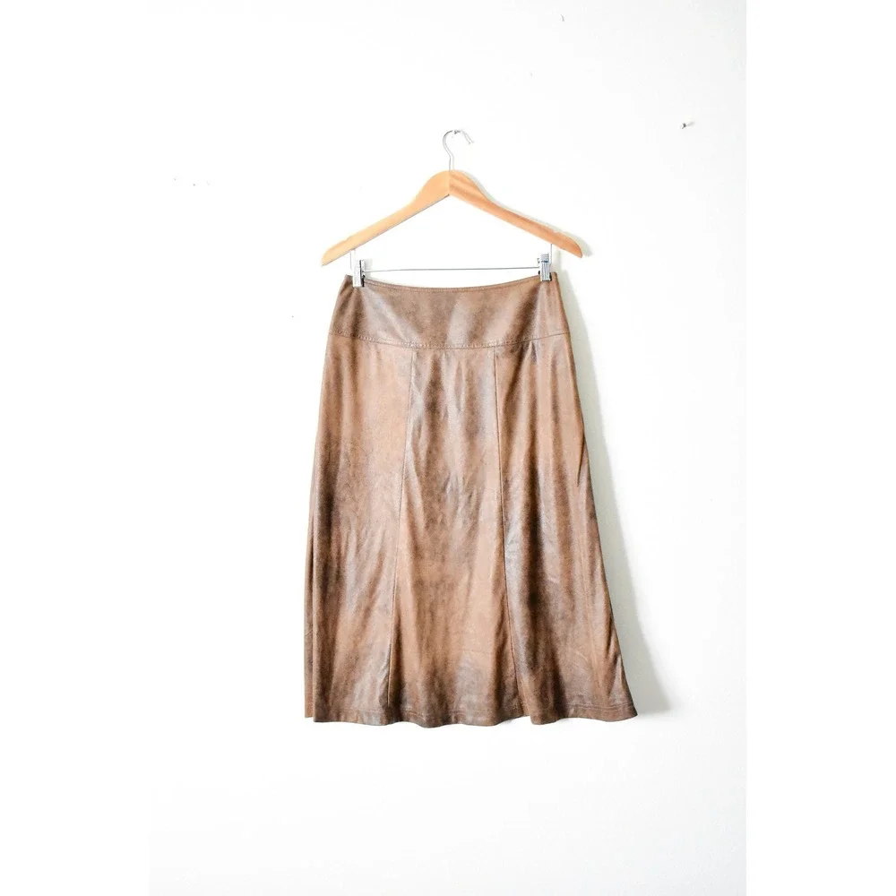 Christopher & Banks Faux Leather Skirt Women 6 Brown Y2K‎ Distressed Midi A-Line